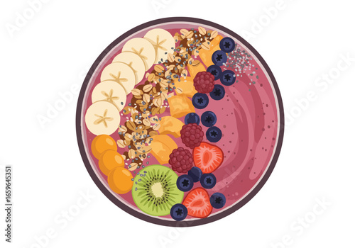 A vibrant smoothie bowl with fresh fruits, granola, and chia seeds, isolated on white.