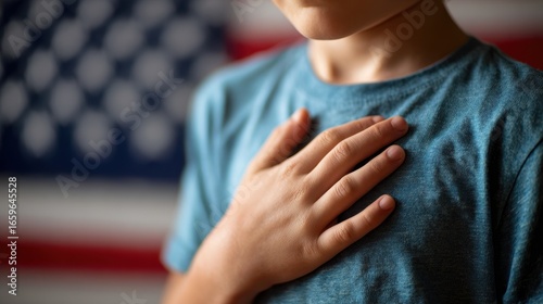 A young child places a hand on their heart before the American flag, pledging allegiance