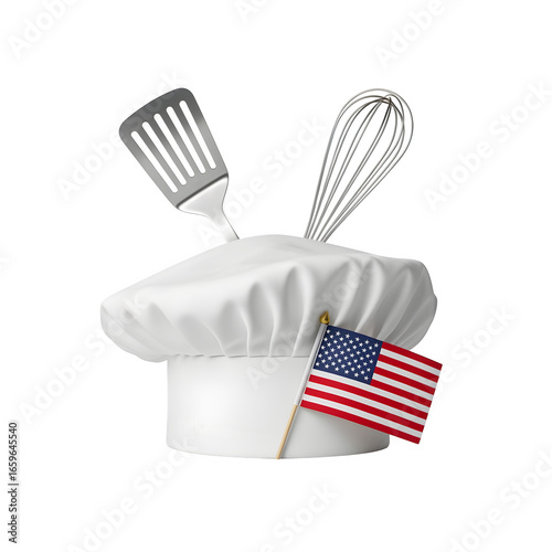 Chef??s hat with mini American flag and spatula crossing behind, honoring kitchen staff, isolated on white background