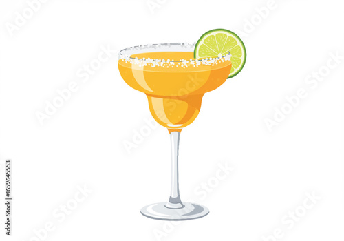 A vibrant cartoon illustration of a classic margarita cocktail with a salted rim and a lime wedge garnish on a white background.
