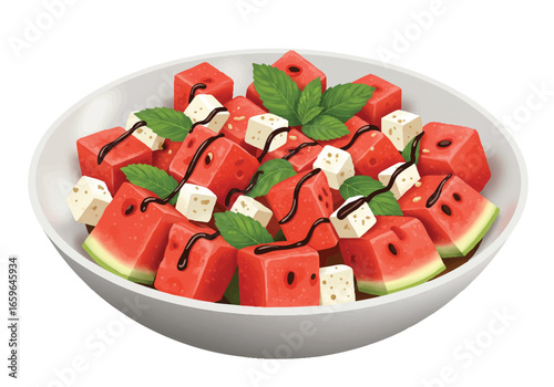A refreshing watermelon and feta salad with mint and balsamic glaze in a white bowl, perfect for summer.