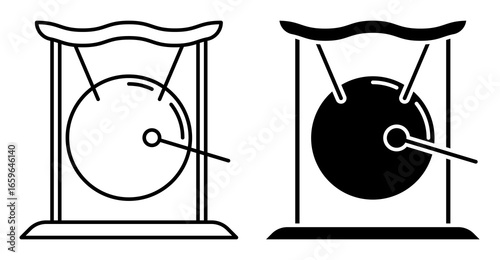 Linear icon. Japanese musical instrument metal copper gong suspended in an arch. Simple black and white vector isolated on white background