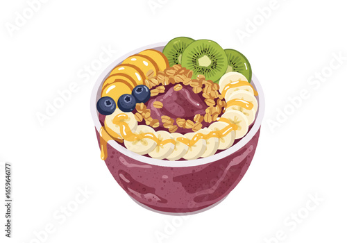 A vibrant and appetizing acai bowl with fresh fruit toppings, a healthy breakfast option.