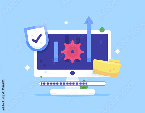 A concept of system and security updates. The process of updating software or applications. Illustration of a computer monitor with gear, shield, and folder symbols. Flat style design elements. Blue 