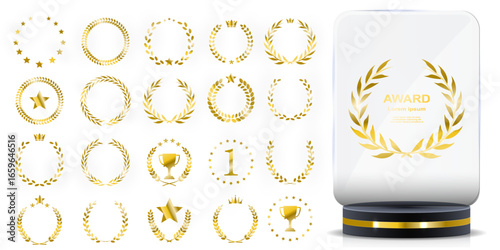 Vector glass trophy collection. Transparent crystal award set for sports winners, corporate achievements, business success, first place, recognition ceremonies, and championship events.
