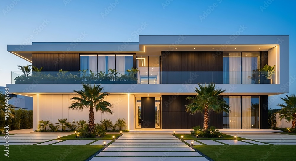 Fototapeta premium Elegant Modern Luxury Home with Spacious Interiors and Landscaped Garden