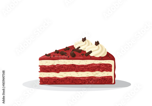A detailed image of a delicious slice of red velvet cake with cream frosting and chocolate shavings.