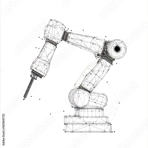 Detailed wireframe illustration of industrial robotic arm with articulated joints and drilling tool in minimalist white background for engineering design concept