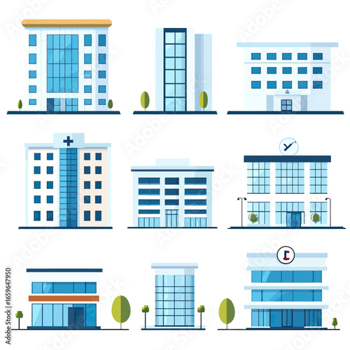 Set of nine modern flat vector hospital and clinic building illustrations with medical cross signs and glass facades in minimalist style for healthcare concepts and services design