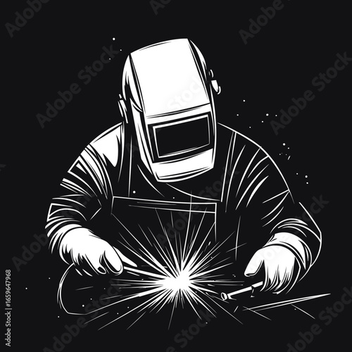 Welder with protective helmet performing metal welding with bright sparks and gloves black and white vector illustration minimalist design