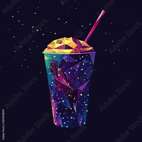 Low poly polygonal cold soda drink with straw abstract colorful geometric vector illustration on dark background with starry sky effect in vibrant blue and yellow hues