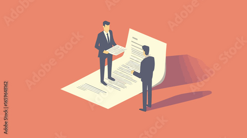 Businessman reviewing contract document with another man standing nearby, legal agreement discussion concept in flat minimalist vector style