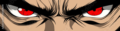 Close up of angry male eyes with red irises intense stare manga anime style minimalist vector illustration