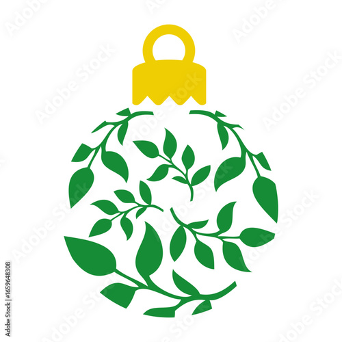 Tiempo de Navidad. Logo con ramas con hojas de árbol en bola de navidad en espacio negativo, para tarjetas y felicitaciones