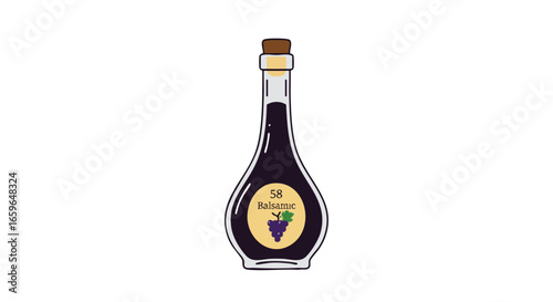 A bottle of balsamic vinegar with a grape illustration on the label.