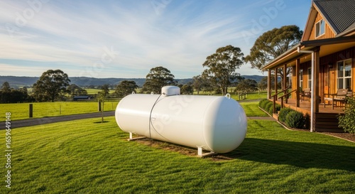 White LPG Tank on a Lush Green Lawn Beside a Rural Home at Golden Hour.