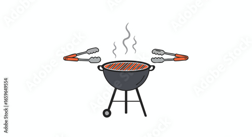 A cartoon drawing of a black kettle barbecue grill with hot coals, smoke, and two pairs of cooking tongs.