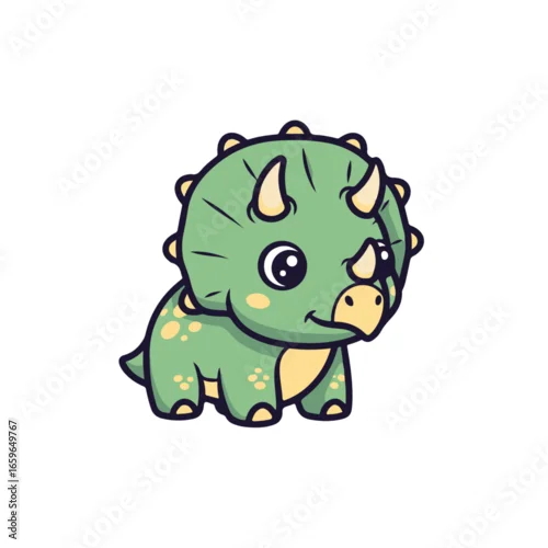 Fototapeta A cute baby Triceratops sticker design, chibi cartoon style, 2D vector illustration. Flat illustration of an adorable little Triceratops. Kawaii style, character art, isolated on white background