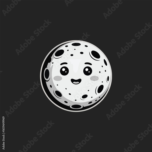 Cute cartoon moon with a happy face and craters on black background lunar celestial