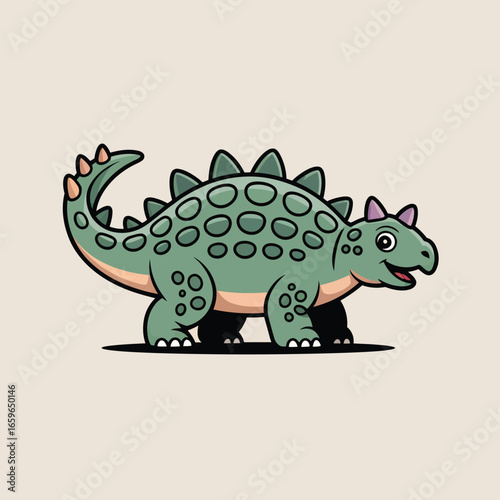 Cute cartoon Ankylosaurus dinosaur with green scales and spikes prehistoric ancient