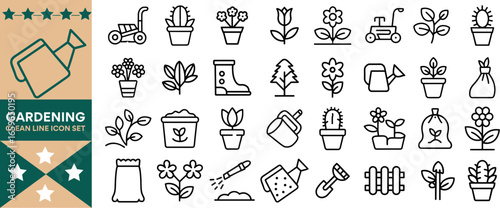 Gardening Tool Icons set, gardening, spray, leaf, nurture, flower, planning, firm, signs, planting, root, plan, silhouette, editable, barn, glove, graphic, spade and more vector illustration