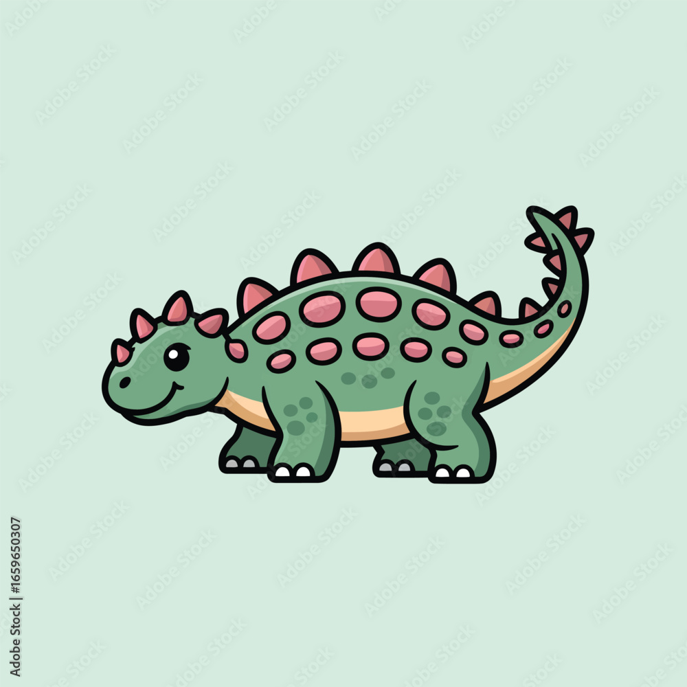 Fototapeta premium Cute cartoon green dinosaur with pink spikes and spots image photo