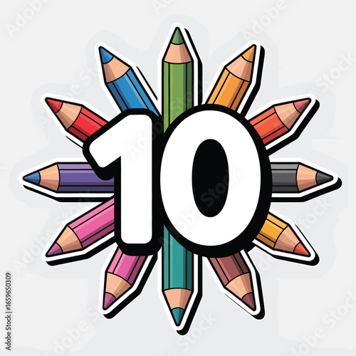 Number ten surrounded by colorful pencils in a circle count counting