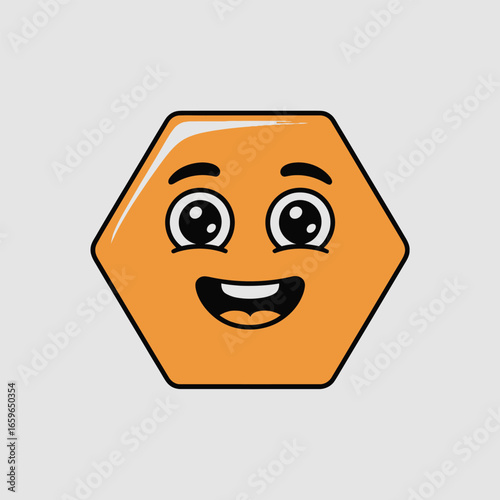 Happy orange hexagon character with big eyes and rosy cheeks shape geometric