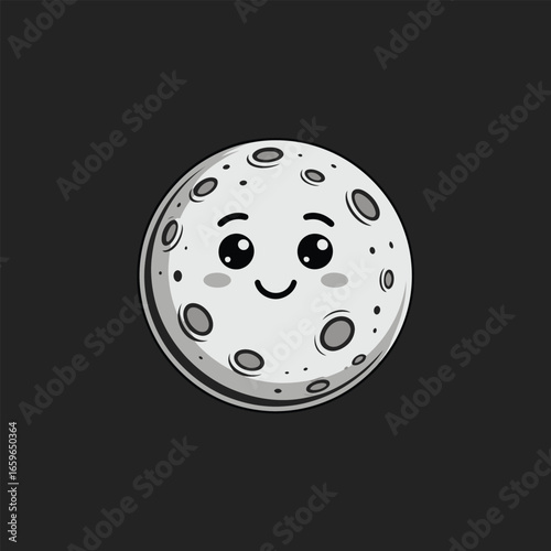Cute cartoon moon with happy face and craters on dark background space