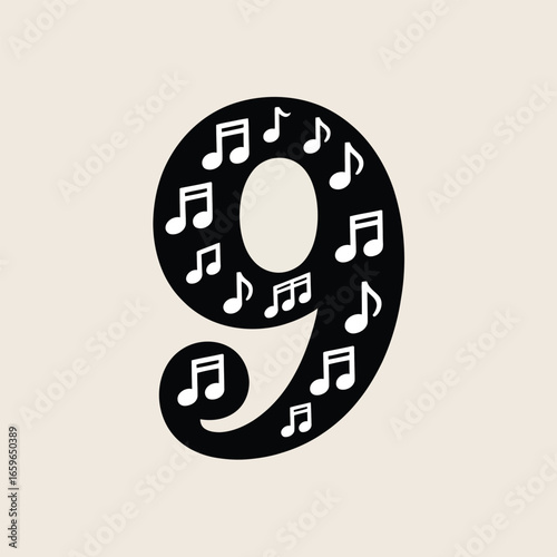 Black Number Nine Decorated With White Musical Notes On Light Background image photo