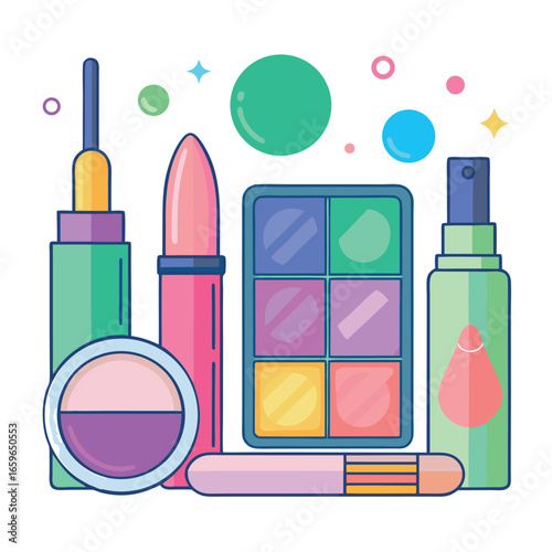 Vector art of collection of colorful makeup products and accessories