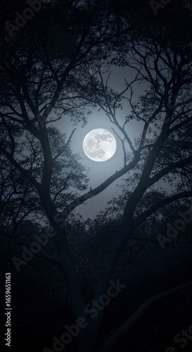 Eerie Full Moon Glows Through a Tangled Web of Silhouetted Branches at Midnight.
