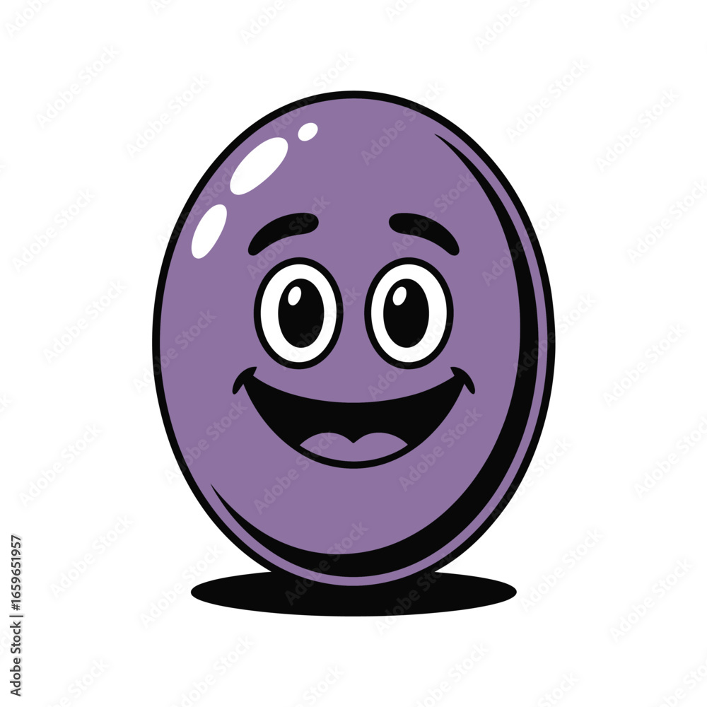 Fototapeta premium Happy purple cartoon egg character with big eyes and wide smile smiling