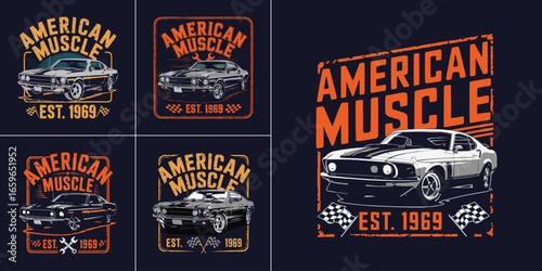 Classic American muscle car emblem set with retro racing badge, vintage auto logo, powerful speed vehicle t shirt design