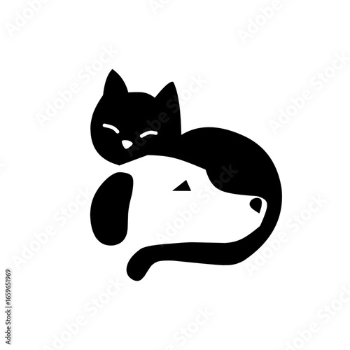 A minimalist black logo showing a cat cuddling with a dog, symbolizing friendship, care, and harmony between pets in a simple and modern design.
