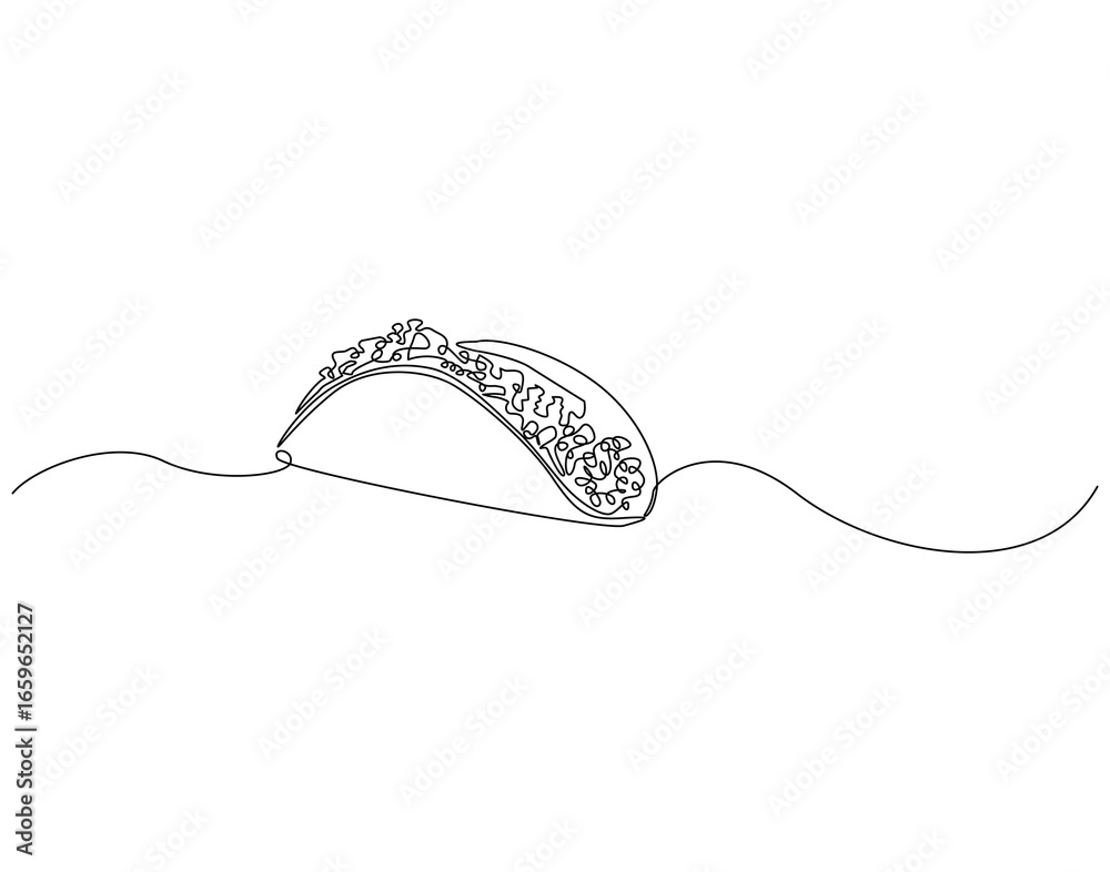 Obraz premium Continuous line drawing of taco food. Single line illustration of tacos food. Mexican food concept. Editable outline