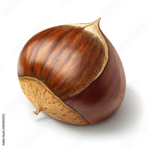 A single chestnut displayed against a clean white background, highlighting its smooth texture, rich color,