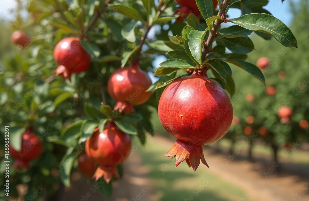 Obraz premium Close-up of ripe red pomegranates on a tree during sunny picking season. The fruit farm shows rows of trees with green foliage. Healthy organic pomegranates ready for harvest are abundant.