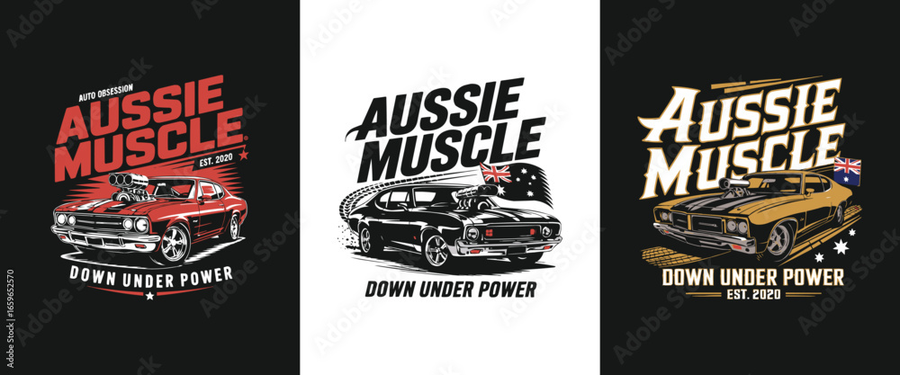 Fototapeta premium Aussie Muscle down under power classic car illustration set with Australian flag retro automotive emblem for apparel and t shirt design