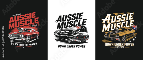Aussie Muscle down under power classic car illustration set with Australian flag retro automotive emblem for apparel and t shirt design