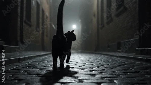 Black cat in a cobblestone alley at night