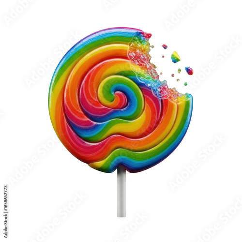 Colossal rainbow-swirled lollipop, fresh bite revealing glistening shattered sugary crystals, crisp paper stick, on transparent studio background. Concept of delicious candy product
