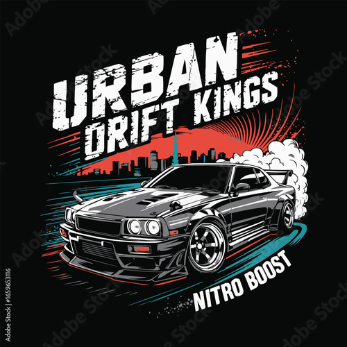 Urban Drift Kings nitro boost racing car illustration with city skyline and smoke retro motorsport emblem for apparel and t shirt design
