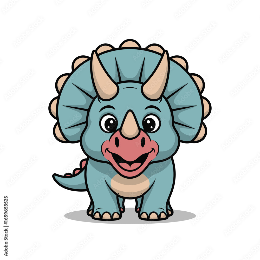 Fototapeta premium Cute cartoon blue triceratops dinosaur with horns and frill Keywords: dinosaur, triceratops