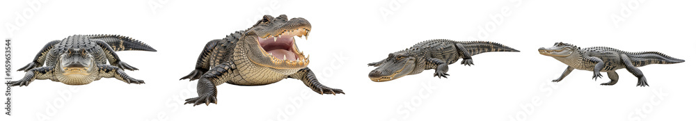 Naklejka premium Alligator in various poses showing dynamic walking and resting with open mouth, detailed reptile skin texture and sharp teeth