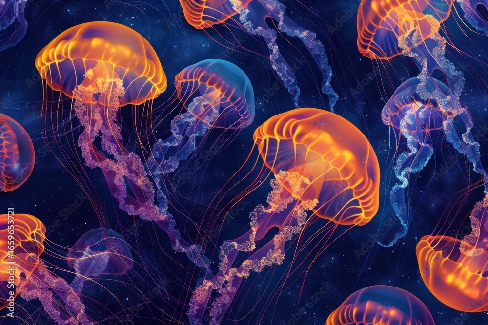 Naklejka premium Glowing neon Jellyfish Underwater. Jellyfish Texture. Close-Up of Jellyfish. Bioluminescent Jellyfish. Jellyfish Tentacles. Pattern of Jellyfish. Detailed Jellyfish Texture. Natural Ocean Creatures.