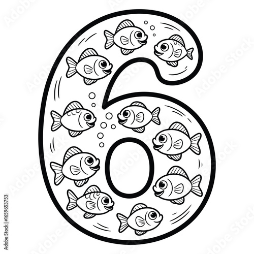Number six with nine cartoon fish swimming inside fishes