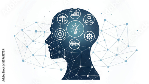 Artificial intelligence and innovation concept. Human head silhouette with icons for ideas, industry, and technology over a connected network background.
