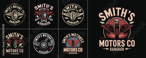 Vintage motorcycle emblem set with winged wheel logo, Smith’s Motors Co Bangkok retro motorbike badge t shirt design