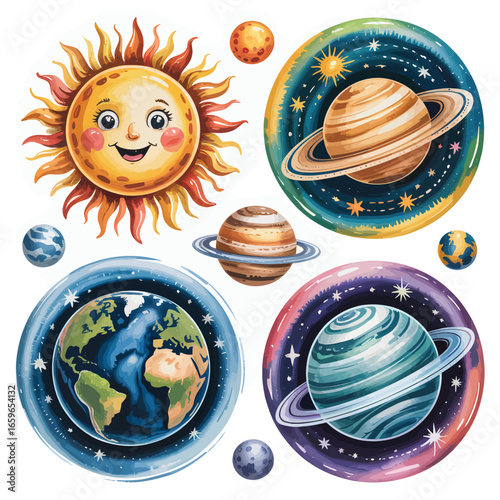 Whimsical watercolor planets, sun, and earth in outer space illustration galaxy